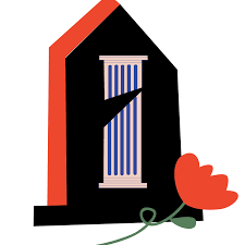 Death to Museums logo. A black and red tombstone with a cracked Greek column in the middle. A flower rests in front of the tombstone.