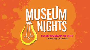Museum Nights Logo. An orange paint-splash background with the text overtop. The bottom of the 'M' in museum turns into a cartoonish upside-down lightbulb.