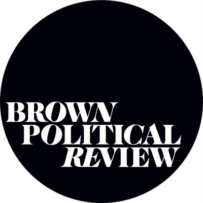 Logo for the Brown Political Review. White text in a black circle, with a white background.