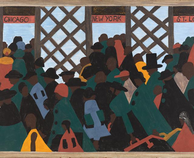 A painting of a crowd of Black people dressed colorfully in pink, yellow, green, and blue clothes. They stream in front of and out of doors labeled "Chicago," "New York," and "St. Louis." 