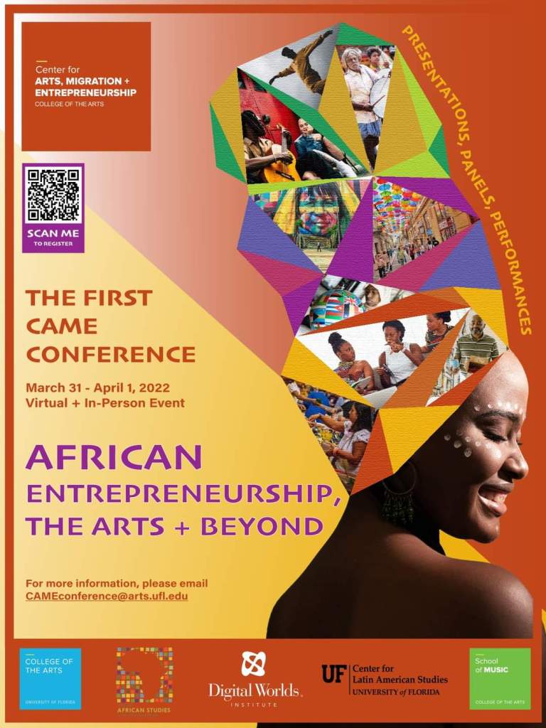 Poster for the first CAME conference. Red and purple text beside an image of a Black woman with white spots painted on her face. She wears a tall headscarf made of abstract triangles, some of which have photographs inside them, creating a collage-like effect.