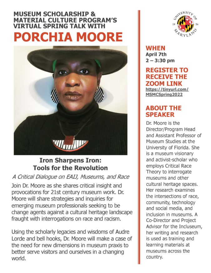 Flyer for the talk, mostly filled with small text with a picture of Dr. Moore, a Black woman wearing a broad-brimmed brown hat, striped black and white earrings, a black turtleneck, and a large white and black necklace. The upper half of her face is in shadow.